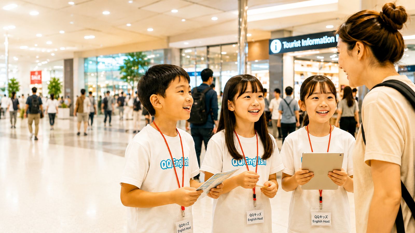 観光案内所の前で外国人観光客を英語でおもてなしするQQキッズの子どもたち