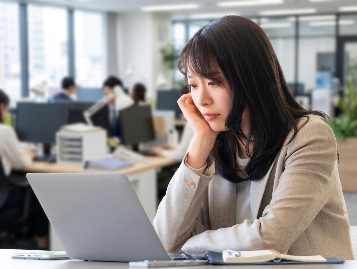 ノートパソコンの前で考え込むビジネスパーソン